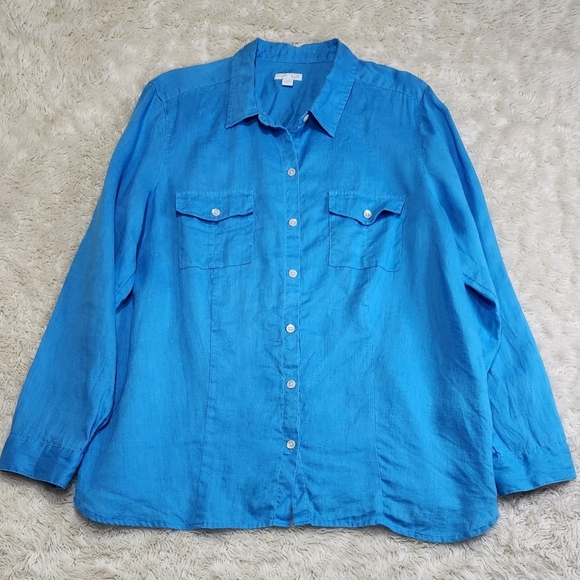 J. Jill Love Linen 100% Linen Button Up Long Sleeve Top Shirt Blue Size Large - Picture 3 of 9